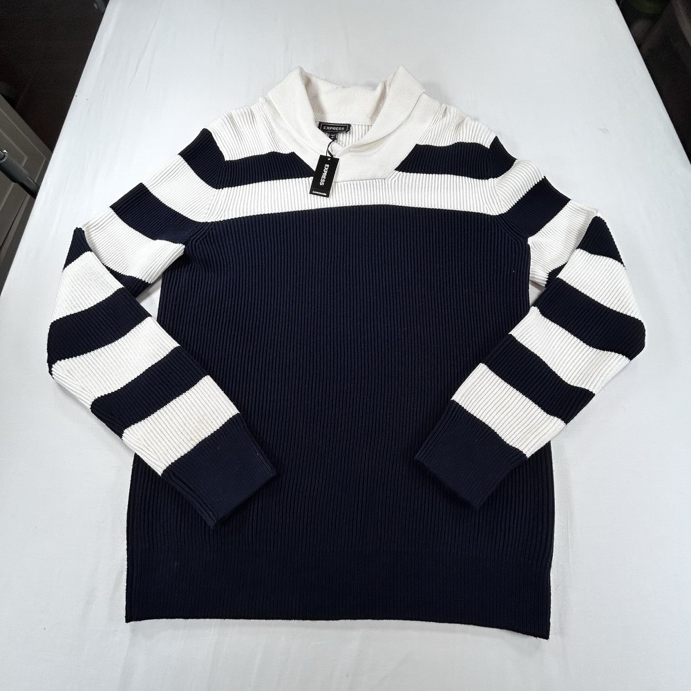 NEW Express Sweater Mens M Navy Blue White Striped Mock Neck Knit Pullover $88